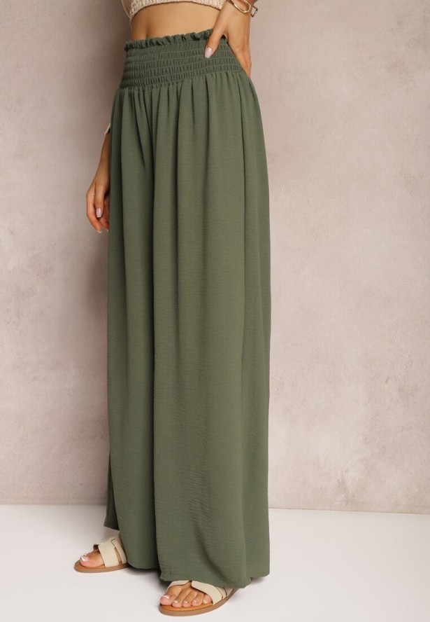 Ciemnozielone Spodnie High Waist z Szerokimi Nogawkami i Gumką w Pasie Risabessa