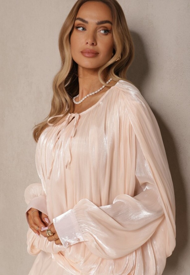 Beżowa Bufiasta Sukienka Zdobiona Trenem i Wiązaniem z Falbanami Lunoriela