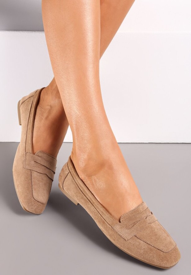 Ciemnobeżowe Mokasyny z Kwadratowym Noskiem z Imitacji Zamszu Lalina