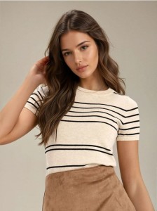 Sweter z krótkim rękawem w paski - wielobarwny