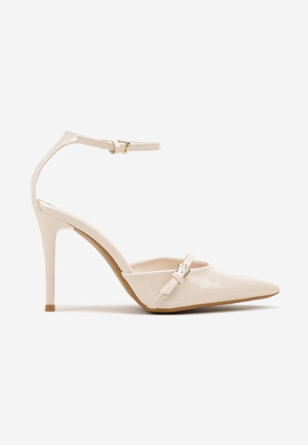 Beżowe Lakierowane Szpilki Vices Zdobione Paskiem z Klamerką Tilamea