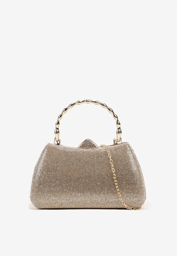 Złota Torebka Kopertówka na Ramię i do Ręki z Ozdobną Rączką i Cyrkoniami Latanella