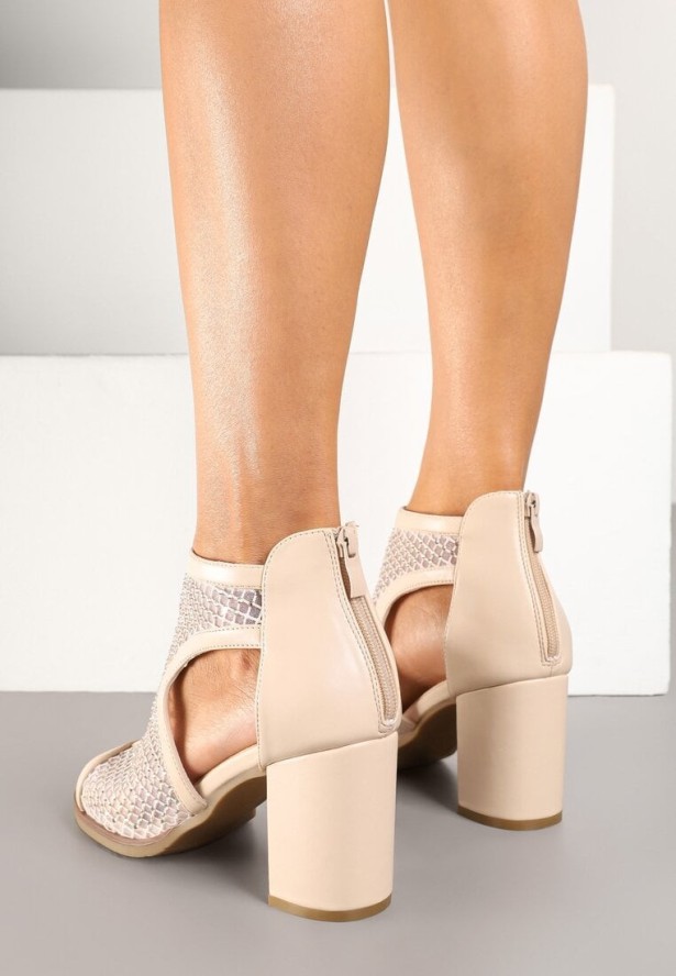 Beżowe Sandały Botki na Słupku z Siateczkową Cholewką z Cyroniami Senella