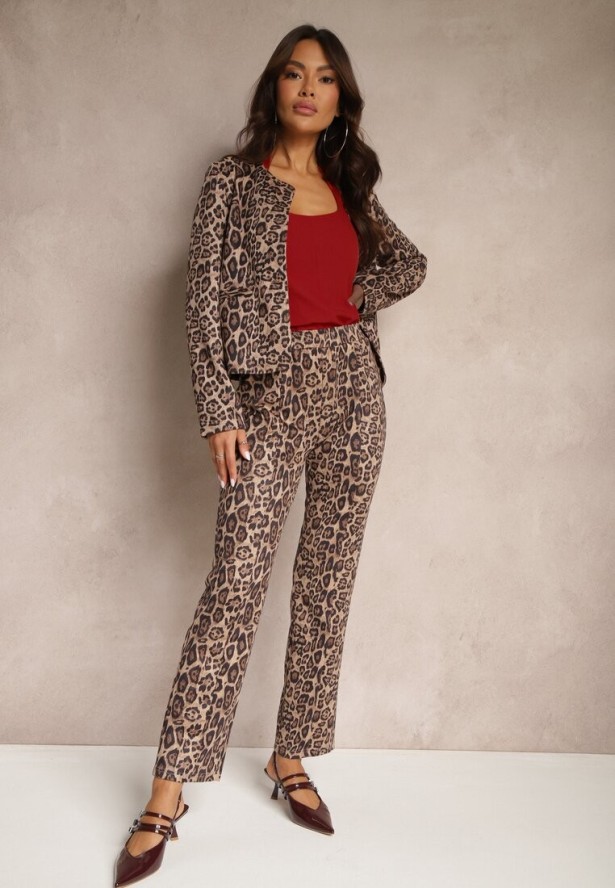 Beżowe Spodnie z Prostymi Nogawkami w Panterkę Enalora