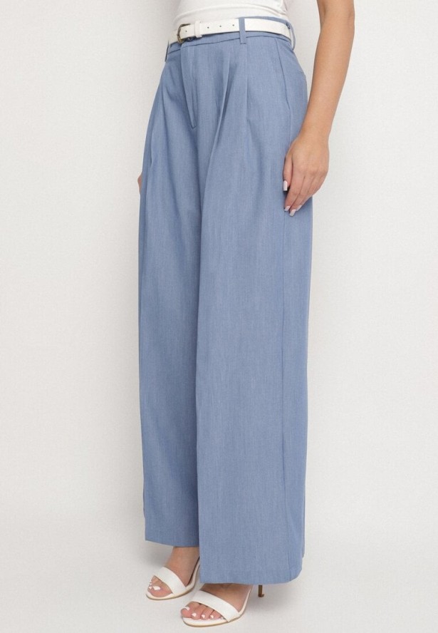 Niebieskie Szerokie Spodnie Garniturowe z Wiskozą Zdobione Zakładkami Galomira