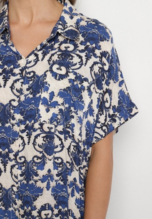 Granatowa Pudełkowa Sukienka Koszulowa z Wiskozy w Ornamentalny Print Vanisse