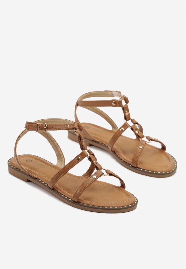 Brązowe Sandały z Drobnymi Nitami i Cienkimi Paskami Veveria