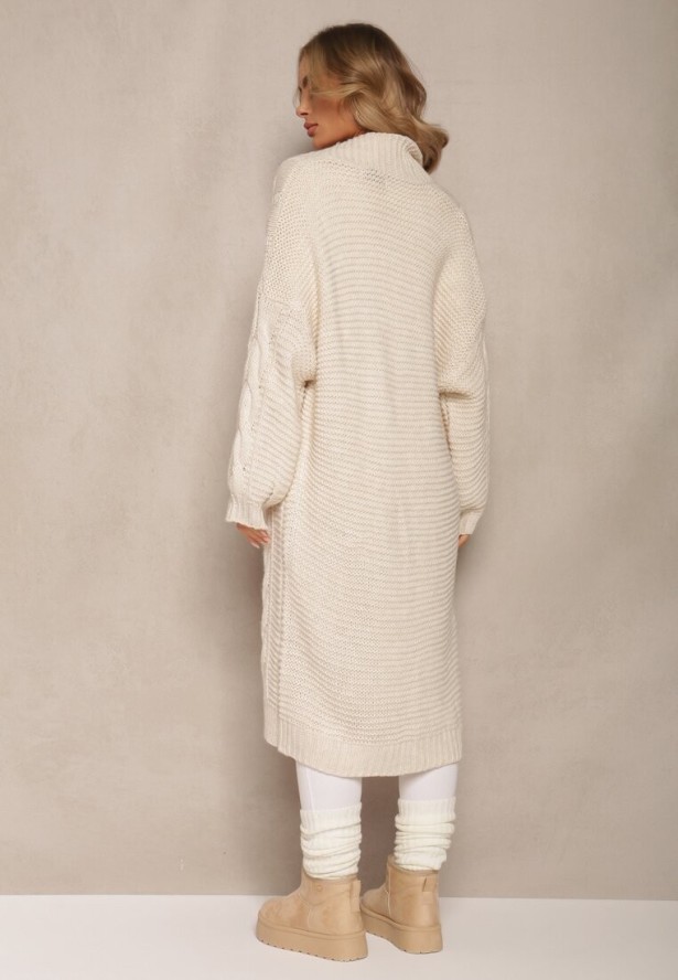 Jasnobeżowy Długi Kardigan z Ozdobnym Szerokim Splotem Havsana