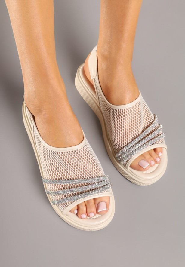 Beżowe Sandały Vices z Siateczki Ozdobione Cyrkoniami Telalisea