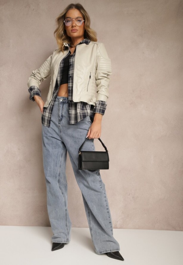 Jasnobeżowa Motocyklowa Kurtka Ramoneska ze Stójką i Napami Taliritta