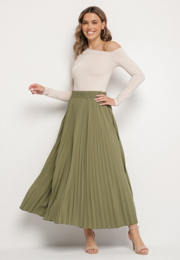 Jasnozielona Spódnica Plisowana o Rozkloszowanym Kroju z Gumką w Talii Sarlimi