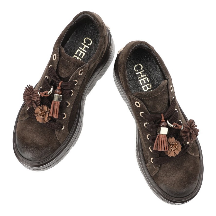 Sneakersy damskie Chebello, ze skóry naturalnej z cholewką o zamszowym wykończeniu i ozdobnymi frędzlami przy sznurowaniu, brązowe, 5002_-268-000-PSK