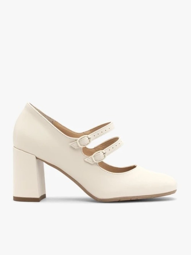 Kremowe czółenka damskie z dekoracyjnymi paskami