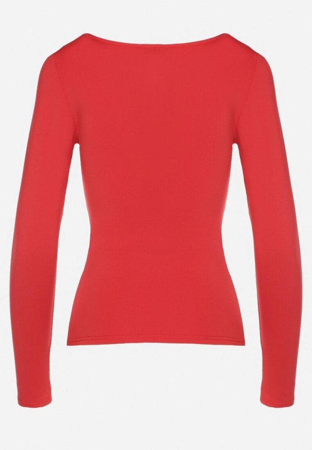 Czerwona Bluzka z Wiskozą Kwadratowym Dekoltem i Ozdobnymi Paskami Tatinithia