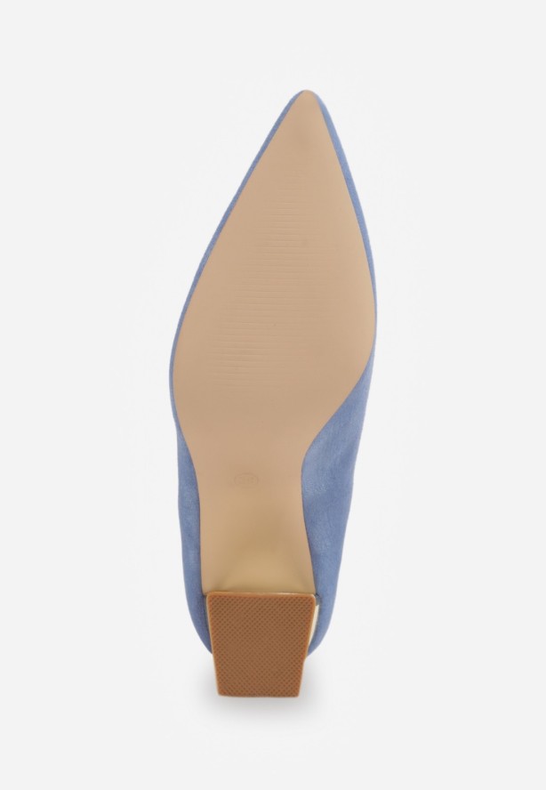 Niebieskie Czółenka na Słupku Ozdobione Paskiem i Metaliczną Aplikacją Lannethe