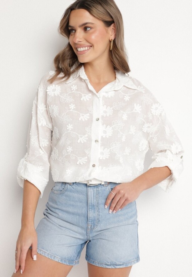 Biała Koszula Oversize z Bawełny Zdobiona Kwiatowym Haftem Reinoviel