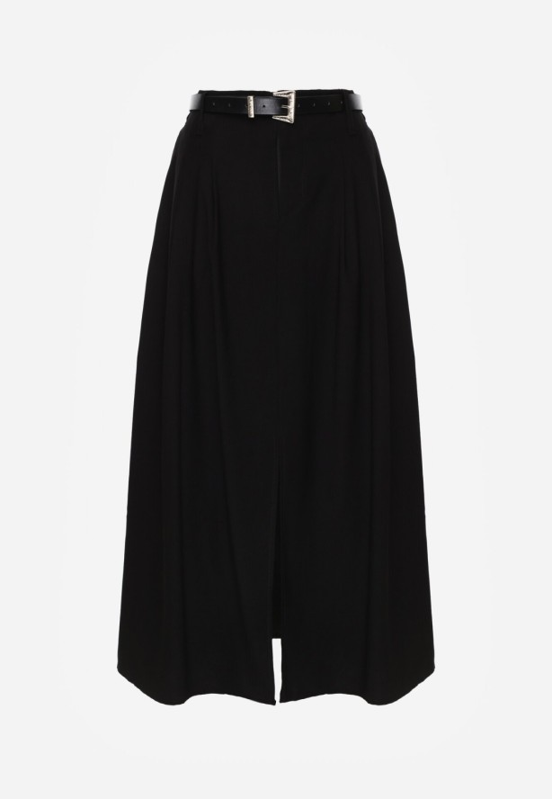 Czarna Wiskozowa Spódnica o Rozkloszowanym Kroju z Rozcięciem i Paskiem Jaelia