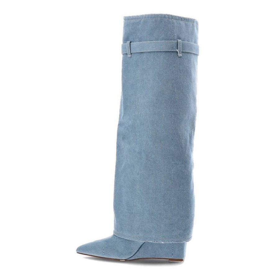 Niebieskie Kozaki Gallevani Jeansowe Obuwie Damskie