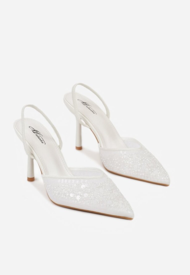 Białe Szpilki Slingback Zdobione Perełkami i Cekinami Irifera