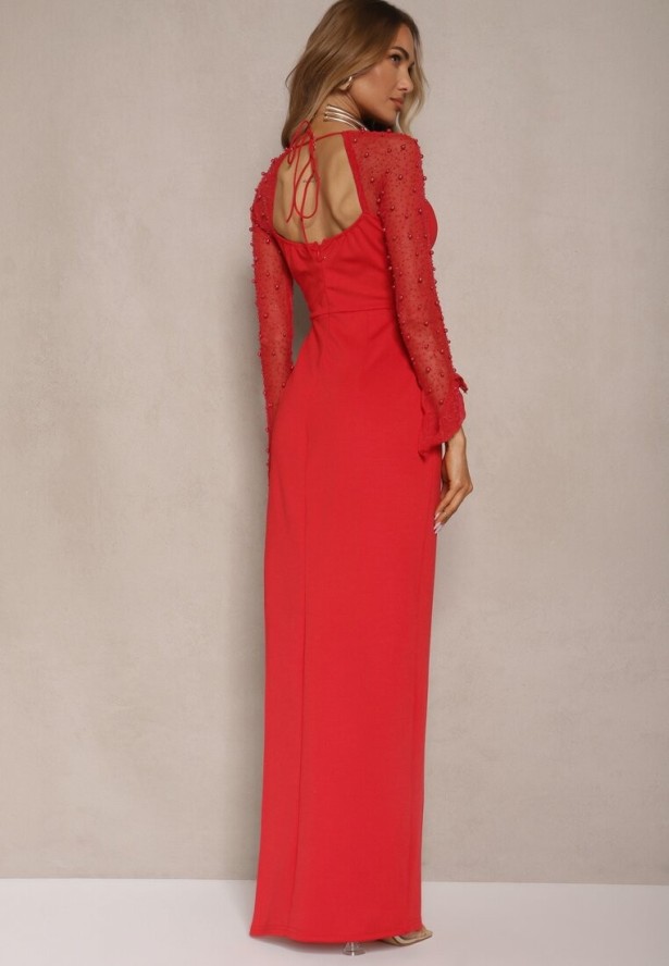 Czerwona Koktajlowa Sukienka z Perełkami na Siateczkowych Rękawach Inarette