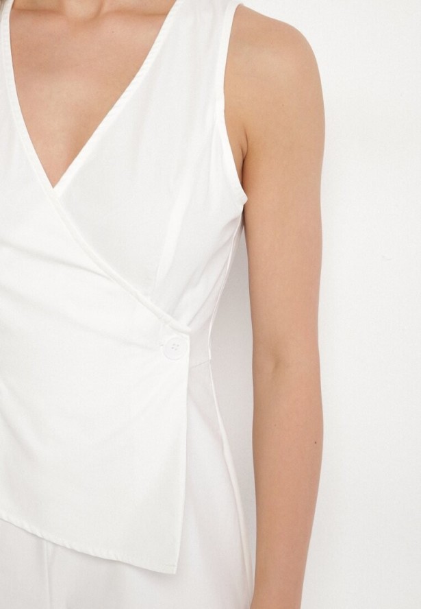 Biały Kombinezon Taliowany Elegancki Asymetryczny z Dekoltem V Nevosse