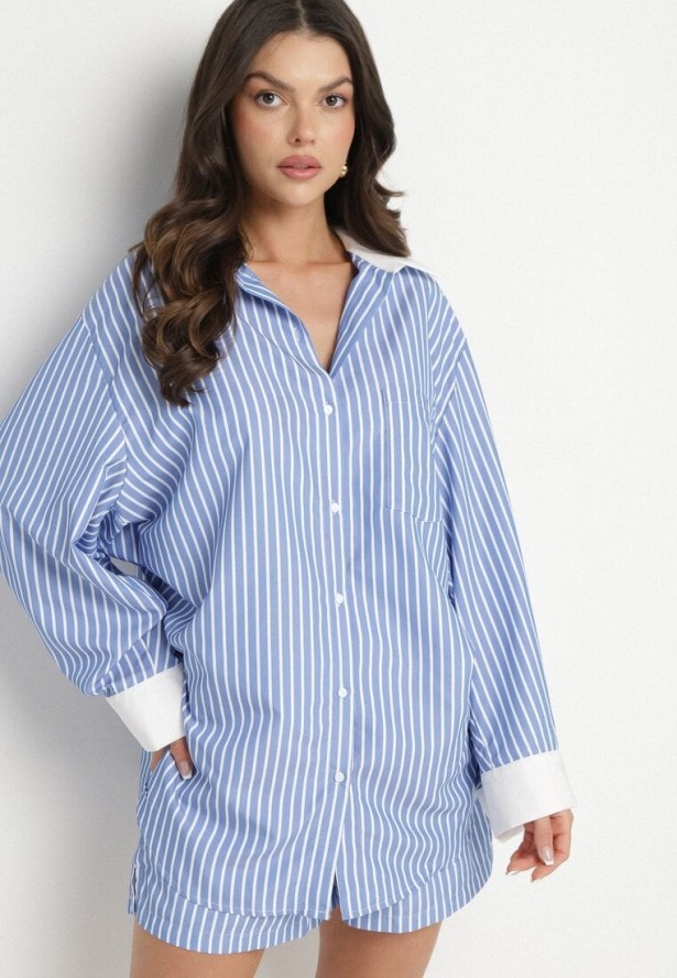 Niebieska Koszula w Paski z Kontrastowymi Mankietami i Kołnierzykiem Zarona