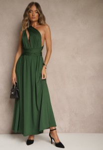 Ciemnozielona Sukienka Koktajlowa Multiway z Wiskozą Wiązana na Szyi Lilovea