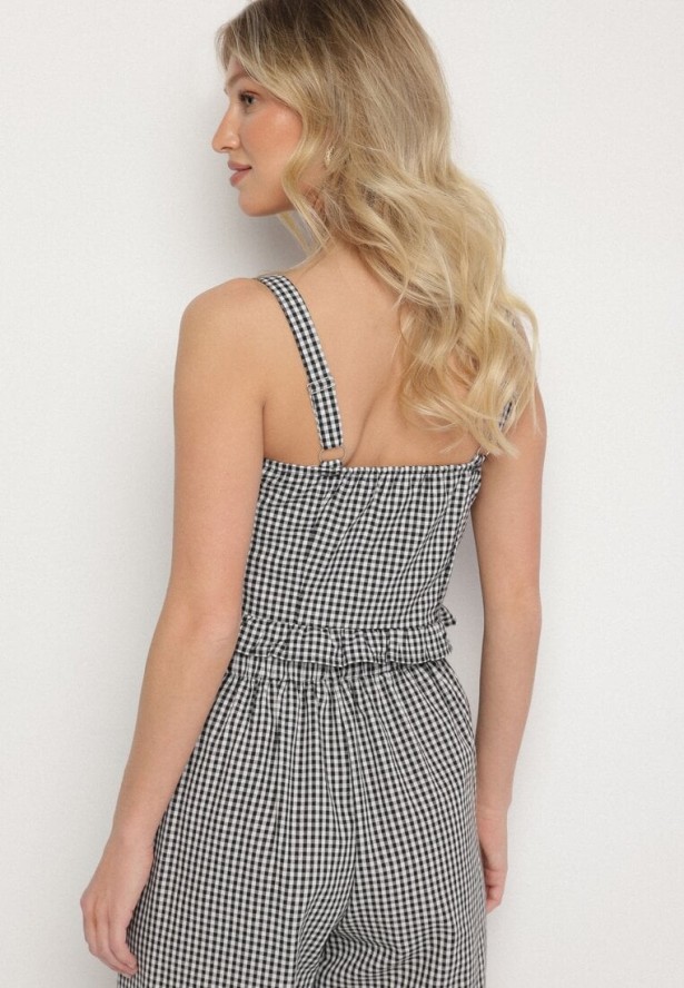 Czarna Bluzka Top ze Wzorem Kraty Ozdobiony Falbanką i Guzikami Folorae