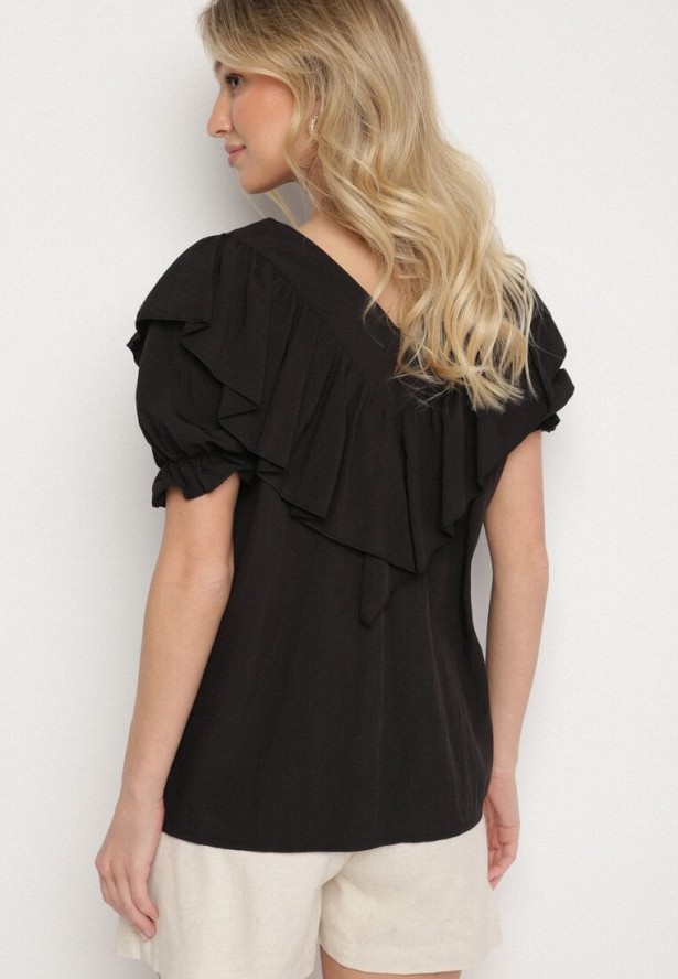 Czarna Bluzka z Wiskozą i Falbankami Fadevia