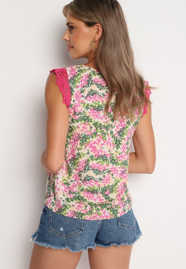 Fuksjowa Top z Wiskozy z Koronką Wokół Ramion Krivia