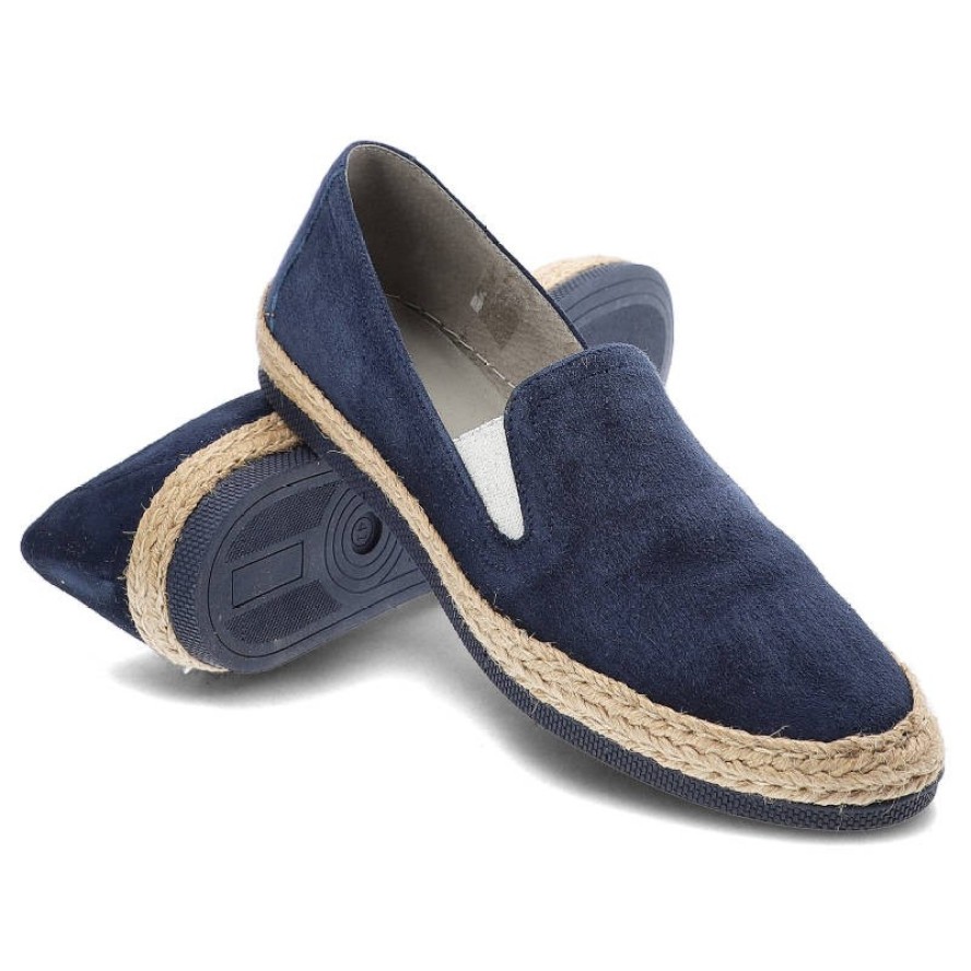 Espadryle damskie Maciejka, skóra zamszowa z gumkami i płaską podeszwą, granatowe, 02944A-17-00-5