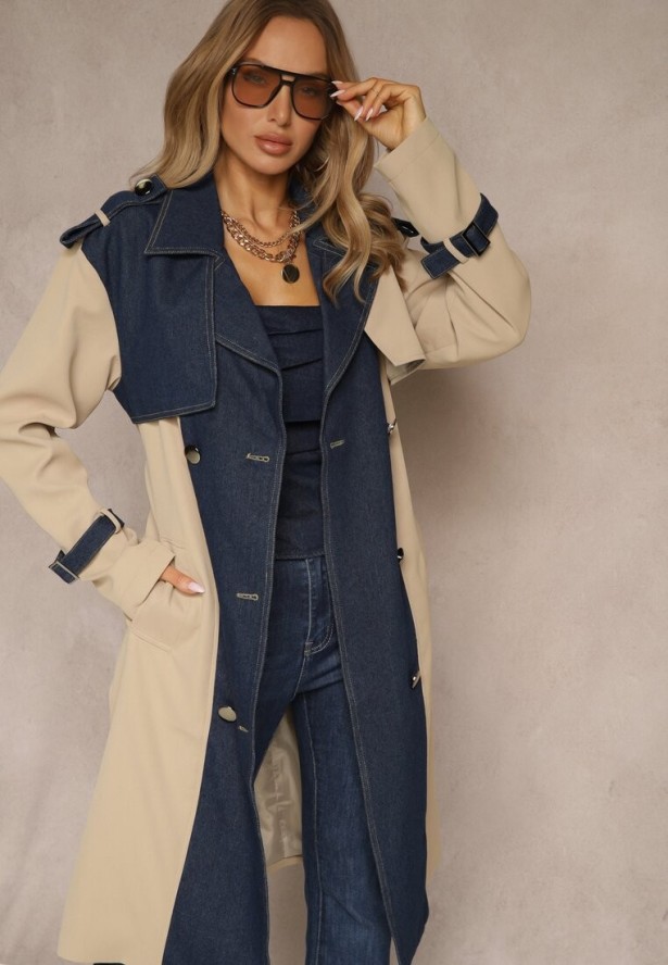 Beżowo-Granatowy Płaszcz z Bawełną Typu Trencz z Jeansowymi Wstawkami Felsedi