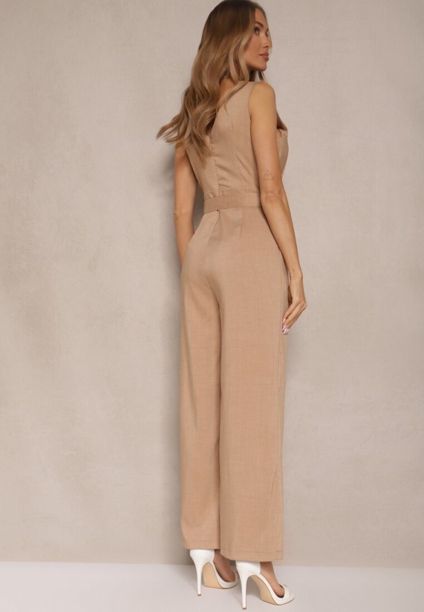 Ciemnobeżowy Kopertowy Kombinezon z Bawełną Ozdobiony Paskiem Evianaria