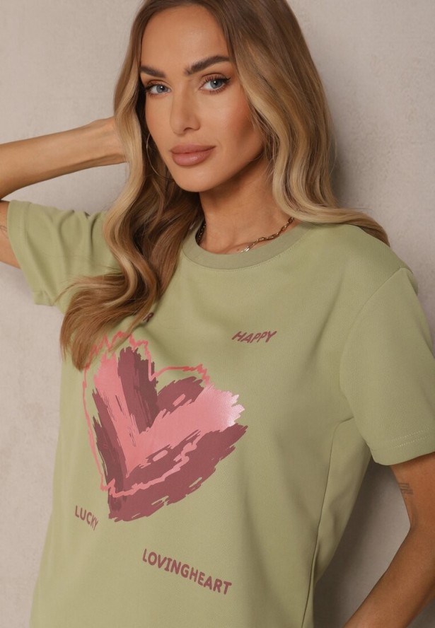 Jasnozielony T-shirt z Nadrukiem w Kształcie Serca Palalea