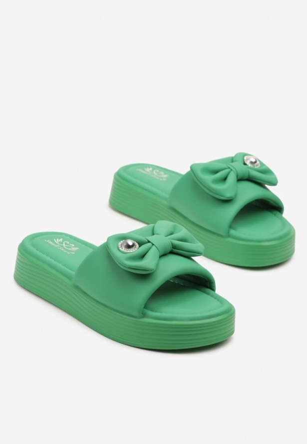 Zielone Klapki na Niskiej Platformie z Kokardą Meririela