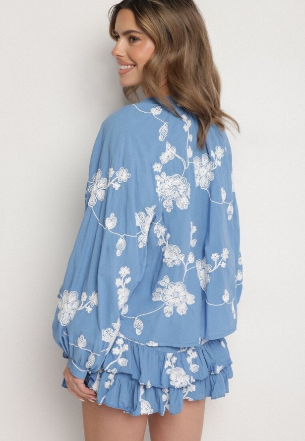 Niebieski Bawełniany Komplet Koszula z Szerokimi Rękawami i Spódnico-Spodenki Savrise