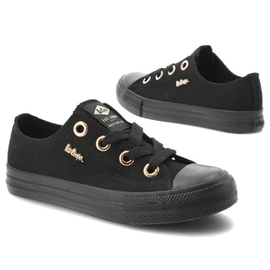 Trampki damskie Lee Cooper, cholewka z materiału tekstylnego wiązanie z przodu metalowe oczka na płaskiej podeszwie, czarne, LCW-26-02-4069L SVL-653