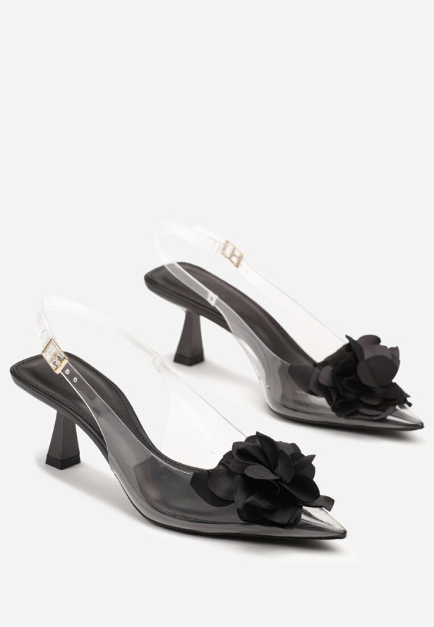 Czarne Transparentne Sandały na Kaczuszce z Kwiatem 3D Nalindrel
