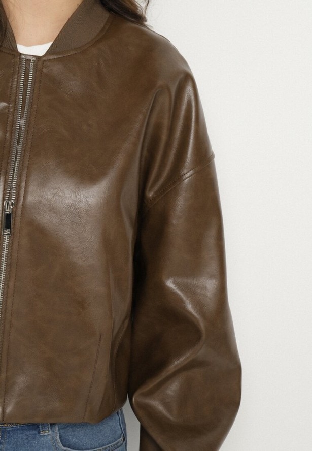 Brązowa Kurtka z Wiskozą w Stylu Bomberki z Ekoskóry Nanisiela