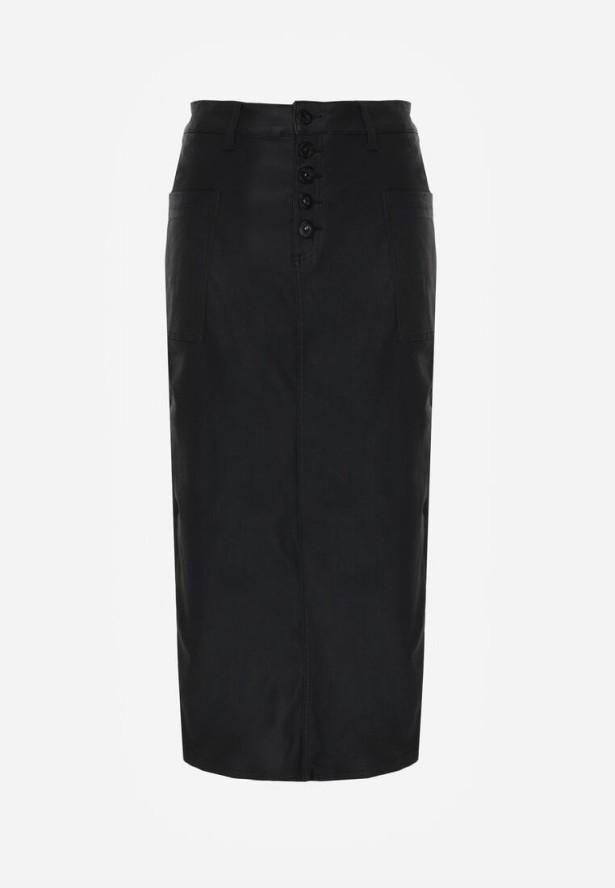 Czarna Ołówkowa Spódnica Midi High Waist z Ekoskóry Adaulfo
