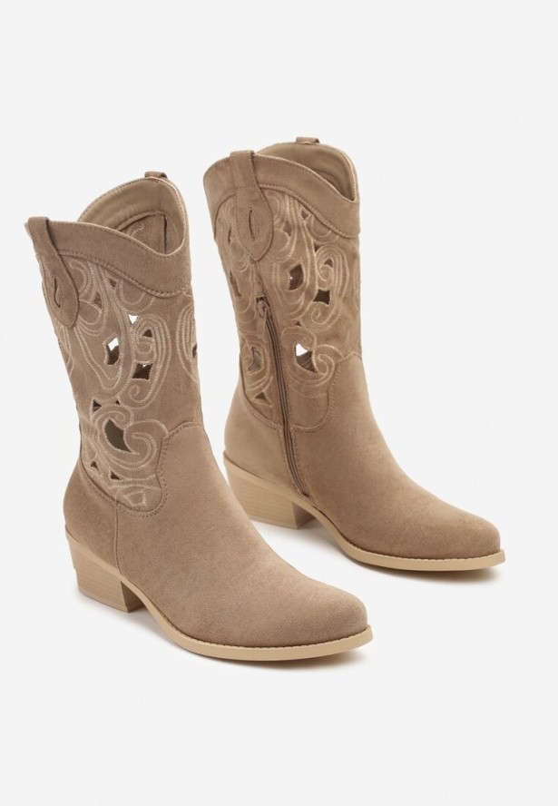 Ciemnobeżowe Botki Kowbojki na Obcasie z Ażurową Cholewką Felwinia