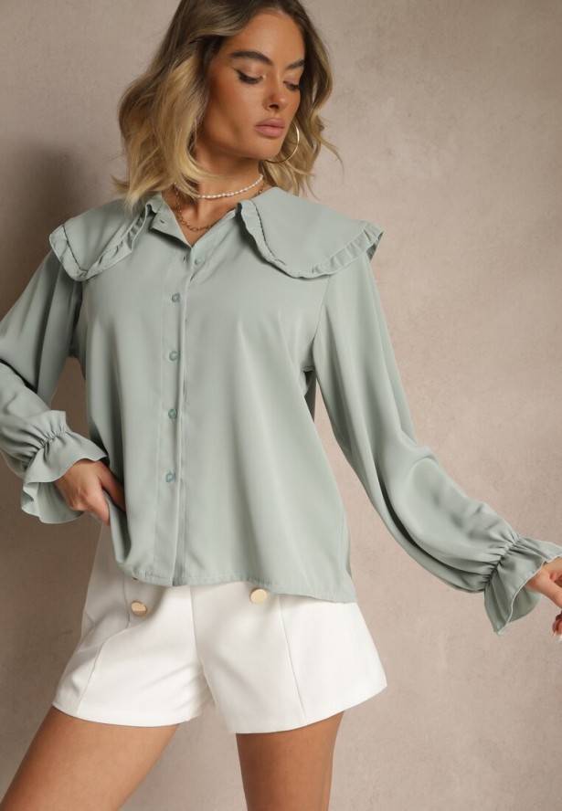 Jasnozielona Koszula Ozdobiona Falbankami i Kołnierzykiem Evirana