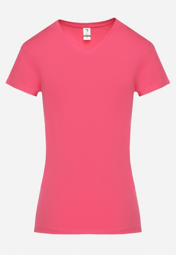 Różowy T-shirt Bawełniany z Trójkątnym Dekoltem Tolilara