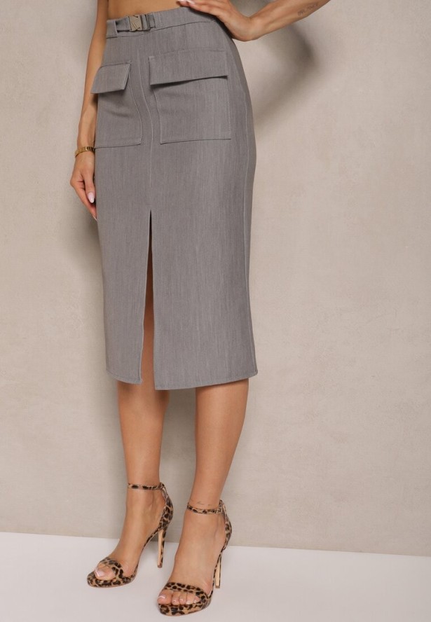 Szara Spódnica Ołówkowa z Wiskozą Lorattia