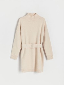 Dzianinowa sukienka z paskiem - kremowy