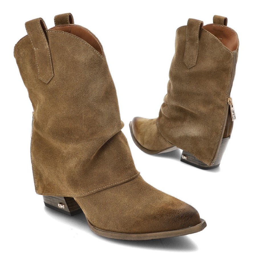 Beżowe Botki Chebello Stylowe Kowbojki Damskie