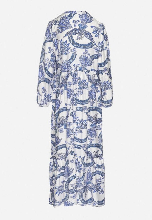 Niebieska Sukienka z Wiskozą o Rozkloszowanym Kroju z Wiązaniem w Roślinny Wzór Korivona