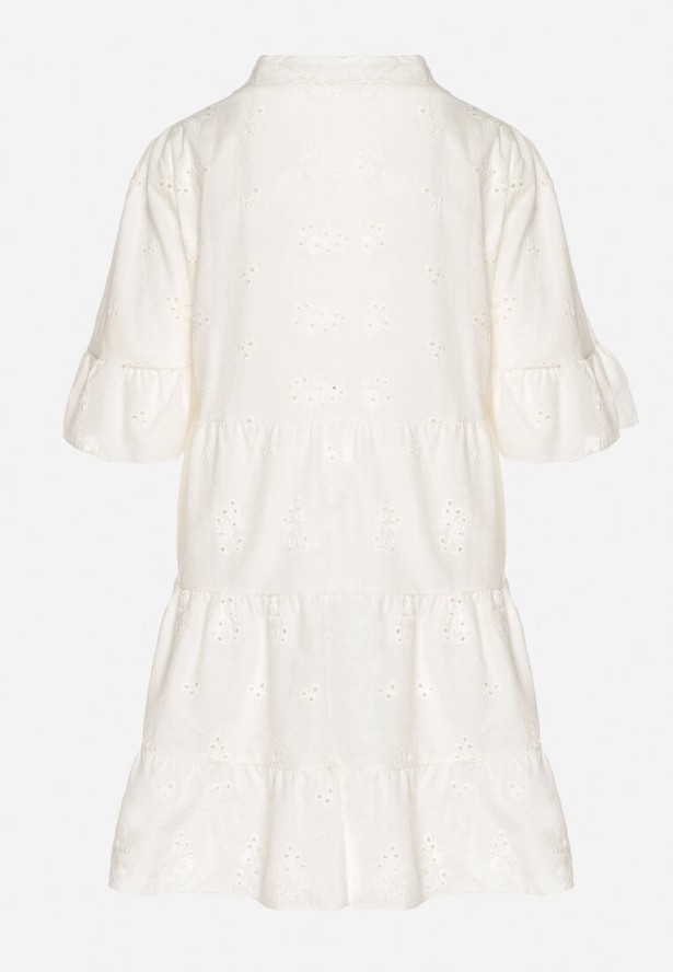 Jasnobeżowa Bawełniana Sukienka z Haftowanej Tkaniny o Koszulowym Kroju z Falbanami Filidwena