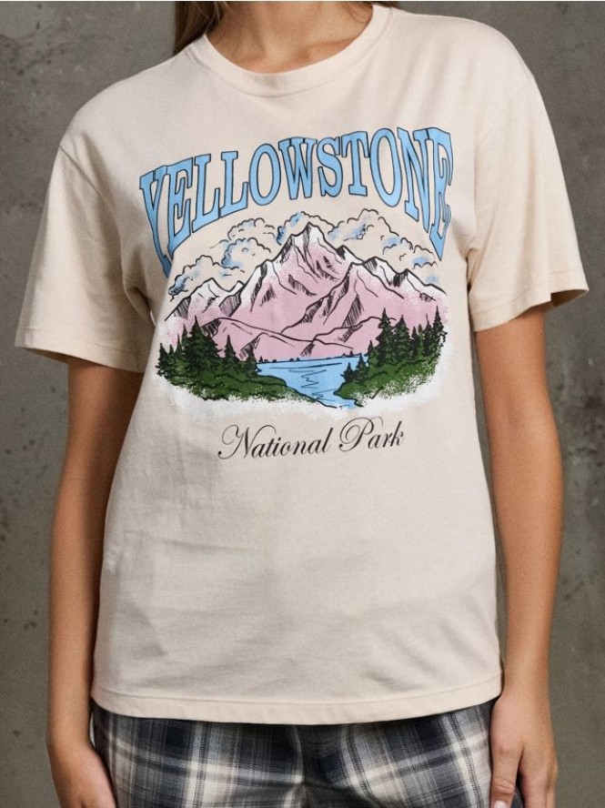 Bawełniana koszulka z nadrukiem - beżowy