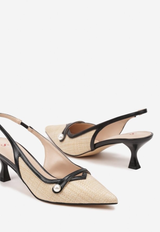 Beżowo-Czarne Sandały na Obcasie w Stylu Kaczuszki Bez Pięty Ozdobione Perełką Xaresi